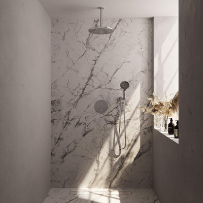 BRAUER Chrome Carving thermostatische Inbouw Regendouche - 3-weg - rond - set 84 - 30cm hoofddouche - plafondarm - 3-standen handdouche - doucheslang - wandaansluitbocht - chroom