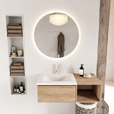 MONDIAZ BUKLA 100cm badmeubel met open module 40 kleur Washed Oak met 1 lade. Wastafel CLOUD links 1 kraangat kleur Talc.