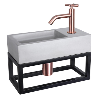 Differnz Ravo fonteinset - 38.5x18.5x25cm - Rechthoek - 1 kraangat - Gebogen rose koperen kraan - met zwart frame - kruisgreep - beton lichtgrijs