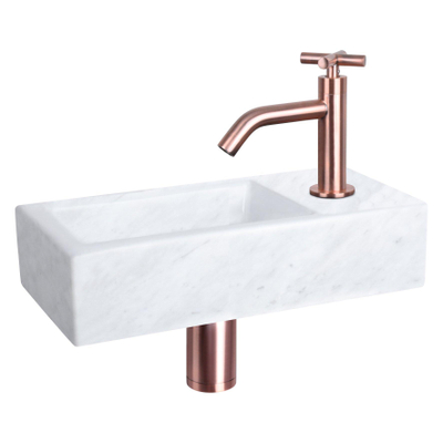 Differnz Helios fonteinset - 37.5x18.5x9.5cm - Rechthoek - 1 kraangat - Gebogen koperen kraan - kruisgreep - Mineraalsteen Marmer