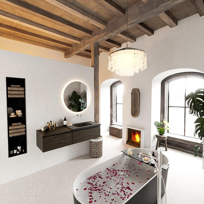 MONDIAZ BUKLA 140cm badmeubel met module 60 kleur Dark Brown met 2 lades. Wastafel CLOUD rechts 0 kraangaten kleur Urban.