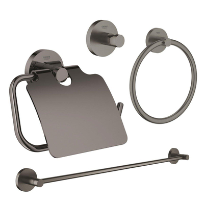 GROHE Essentials accessoireset 4-delig met handdoekring, handdoekhouder, handdoekhaak en toiletrolhouder met klep brushed hard graphite