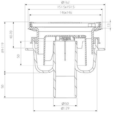 Aquaberg ABS kunststof put bezand met RVS sierrand/rooster onderuitloop 50mm 146x146mm met reukslot 50mm