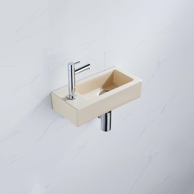 QeramiQ Fuente Fonteinset - 37.5x18.5x9cm - keramiek - kraangat links - fonteinkraan chroom - afvoerplug - verlaagd sifon - Mat Beige