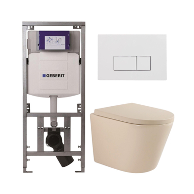 QeramiQ Dely Toiletset - 36.3x51.7cm - diepspoel - rimless - Geberit UP320 inbouwreservoir - softclose toilet zitting 35 mm - glans witte bedieningsplaat - rechthoekige knoppen - mat beige