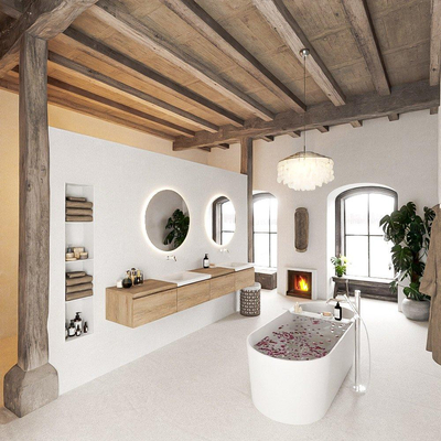 MONDIAZ BUKLA 240cm badmeubel met module 60 links kleur Washed Oak met 4 lades. Wastafel CLOUD dubbel 0 kraangaten kleur Talc.