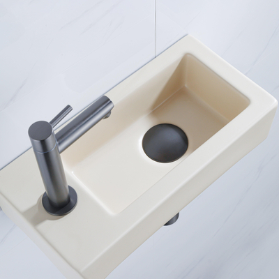 QeramiQ Fuente Fonteinset - 37.5x18.5x9cm - keramiek - kraangat links - fonteinkraan gunmetal - afvoerplug - verlaagd sifon - Mat Beige