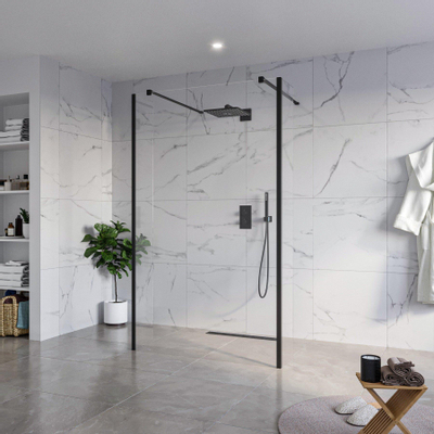Fortifura Galeria Vrijstaande Inloopdouche - 120x200cm - Helder - antikalk - 8mm veiligheidsglas - 2 zijwanden 40cm - wandsteunen en hoekprofielen - Zwart mat