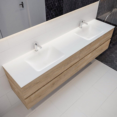 MONDIAZ VICA Badkamermeubelset - 200cm - 4 lades - wasbak Cloud dubbel - 2 kraangaten - solid surface washed oak