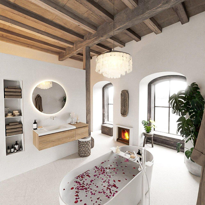 MONDIAZ BUKLA 120cm badmeubel met module 40 kleur Washed Oak met 2 lades. Wastafel CLOUD links 0 kraangaten kleur Talc.