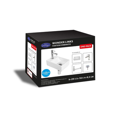 Best Design Wonder fonteinset 29x18x9.5cm 1 kraangat links met kraan sifon en afvoerplug keramiek wit
