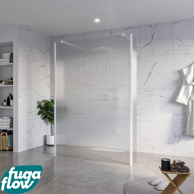 FugaFlow Eccelente Vetro Vrijstaande inloopdouche badkamer - 140x200cm - Helder geribbeld - antikalk - 8mm veiligheidsglas - 2 zijwanden 40cm - met wandarmen en hoekprofielen - Wit mat -