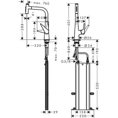 Hansgrohe M51 M5117-H300 1-gats keukenkraan m. uittrekbare handdouche m. 110°/150° draaibare uitloop chroom