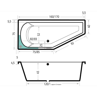 Xenz Lagoon compact links ligbad 160x75x45cm met poten zonder afvoer Acryl wit Hoogglans