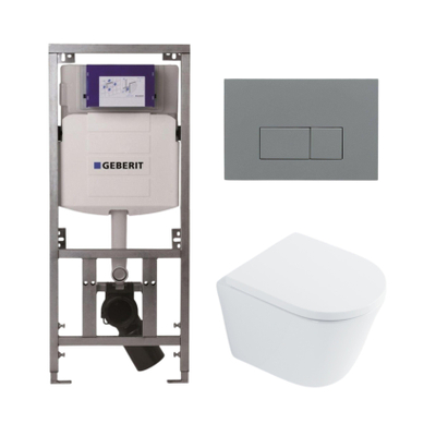 QeramiQ Dely Toiletset - 36.3x51.7cm - diepspoel - rimless - Geberit UP320 inbouwreservoir - softclose toilet zitting 35 mm - bedieningsplaat licht grijs - rechthoekige knoppen - wit glans