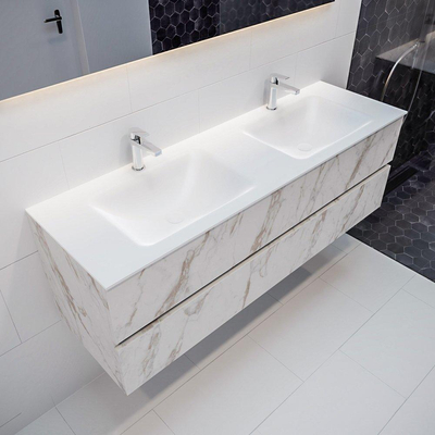 MONDIAZ VICA Badkamermeubelset - 150cm - 2 lades - wasbak Cloud dubbel - 2 kraangaten - solid surface carrara marmer