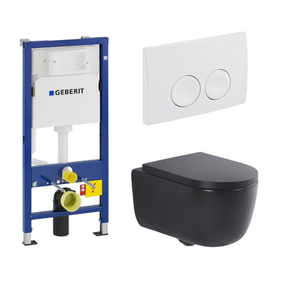 QeramiQ Dely Swirl Toiletset - 36.5x53cm - Geberit UP100 inbouwreservoir - 35mm zitting - witte bedieningsplaat - ronde knoppen - mat zwart
