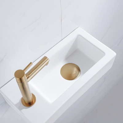 QeramiQ Fuente Fonteinset - 37.5x18.5x9cm - keramiek - kraangat links - fonteinkraan geborsteld messing - afvoerplug - verlaagd sifon - Mat wit