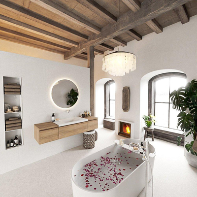 MONDIAZ BUKLA 160cm badmeubel met module 40 kleur Washed Oak met 3 lades. Wastafel CLOUD midden 0 kraangaten kleur Talc.