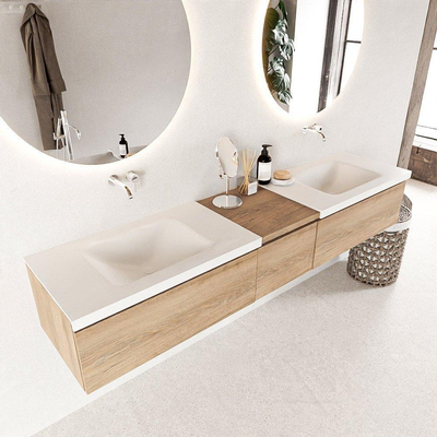 Mondiaz BUKLA Badkamermeubelset - 200x45x34cm - 0 kraangaten - 2 wasbakken solid surface - Talc - greeploos - 3 lades - Melamine - Washed Oak