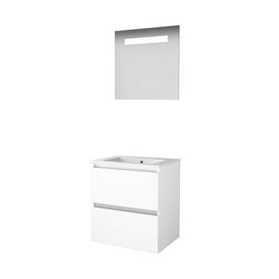 Basic-Line Economic 46 badkamermeubelset - 60x46cm - greeploos - 2 lades - porseleinen wastafel - 1 kraangat - Spiegel - geintegreerde LED verlichting - MDF lak Ice White