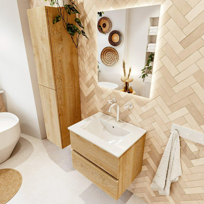 MONDIAZ VICA 60cm badmeubel onderkast Washed Oak 2 lades. Wastafel DENIA midden 1 kraangat, kleur Glanzend Wit.