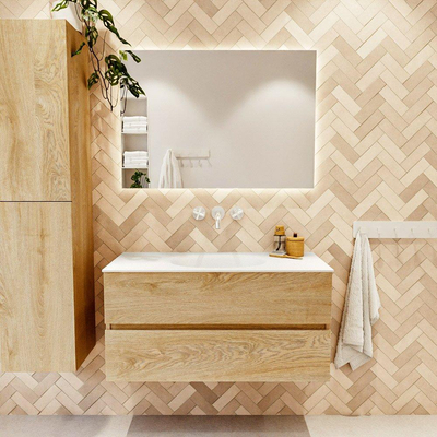 MONDIAZ VICA 100cm badmeubel onderkast Washed Oak 2 lades. Wastafel MOON midden zonder kraangat, kleur Talc.