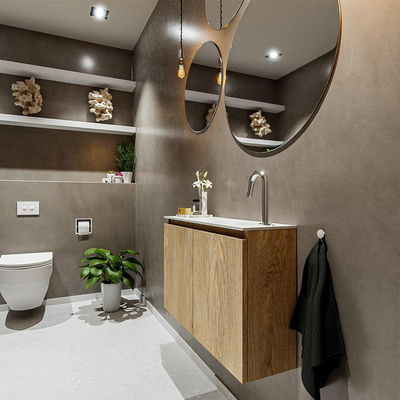 MONDIAZ TURE Fonteinset - 80x23x50cm - 1 kraangat - 2 deuren - washed oak mat - Wasbak rechts - Solid Surface Wit