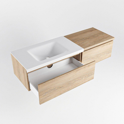 MONDIAZ BUKLA 140cm badmeubel met module 60 kleur Washed Oak met 2 lades. Wastafel CLOUD links 0 kraangaten kleur Talc.