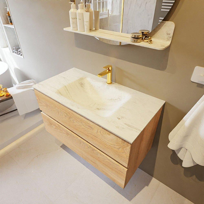 MONDIAZ VICA-DLUX Badkamermeubelset - 90cm - onderkast washed oak - 2 lades - inbouw wastafel cloud midden - 1 kraangat - 60cm hoge versie - opalo