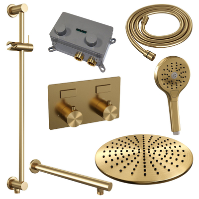 BRAUER Gold Edition Thermostatische Regendouche inbouw - drukknoppen - SET 68 - 30cm hoofddouche - rechte muurarm - 3 standen handdouche - doucheslang - geïntegreerde glijstang - goud geborsteld PVD