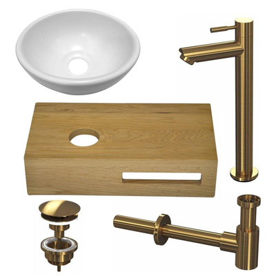 Wiesbaden Oak fonteinset planchet 40 x 21 x 10cm met fonteinkraan en waskom links