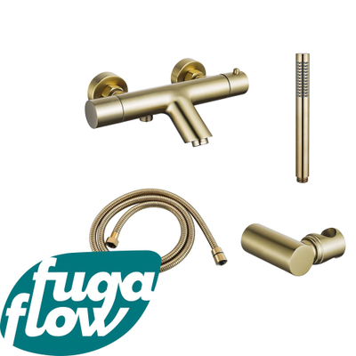 FugaFlow Eccelente Sobrado Badkamer Thermostatische badkraan met staafhanddouche, handdouchehouder en metalen doucheslang Geborsteld Messing PVD