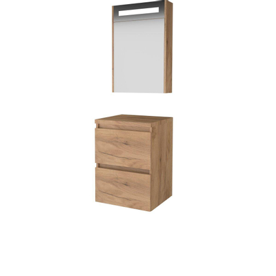 Basic-Line Premium 46 badkamermeubelset - 50x46cm - greeploos - 2 lades - wastafelblad - Spiegelkast - geintegreerde LED verlichting - MFC Whisky Oak