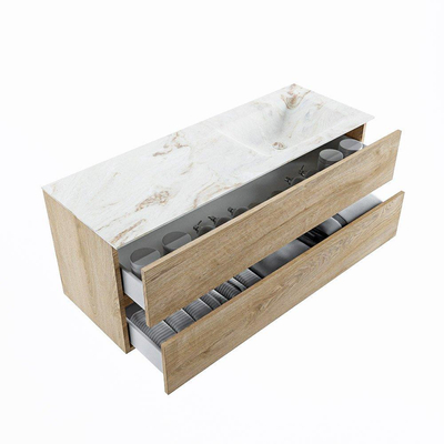 MONDIAZ VICA-DLUX Badkamermeubelset - 130cm - onderkast washed oak - 2 lades - inbouw wastafel cloud rechts - 1 kraangat - 60cm hoge versie - frape