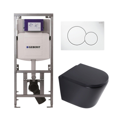 QeramiQ Dely Toiletset - Geberit UP320 Burda inbouwreservoir - witte bedieningsplaat - softclose toilet zitting 35 mm - mat zwart