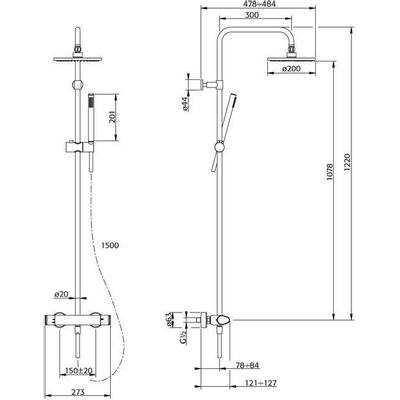 Xenz Cinca regendoucheset 122cm opbouw thermostatisch chroom Hoogglans