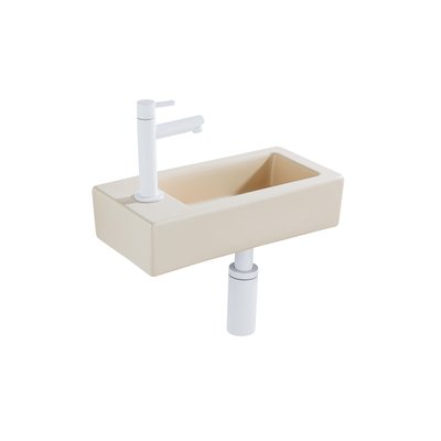 QeramiQ Fuente Fonteinset - 37.5x18.5x9cm - keramiek - kraangat links - fonteinkraan mat wit - afvoerplug - verlaagd sifon - Mat Beige