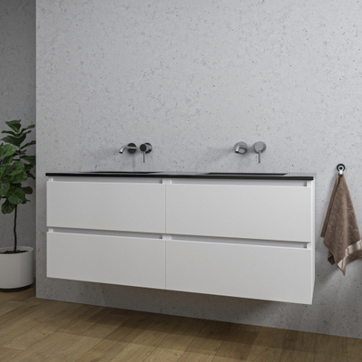 Adema Chaci Badkameronderkast - 140cm - 4 lades - greeploos - zwart keramieke wastafel - overloop - 2 wasbakken - zonder kraangaten - mat wit