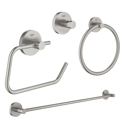 GROHE Essentials accessoireset 4-delig met handdoekring, handdoekhouder, handdoekhaak en toiletrolhouder zonder klep super steel