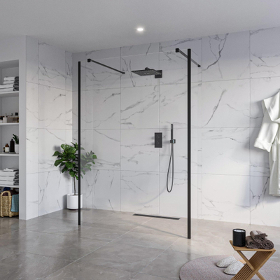 FugaFlow Eccelente Vetro Vrijstaande inloopdouche badkamer - 140x200cm - Helder - antikalk - 8mm veiligheidsglas - 2 zijwanden 30cm - met wandarmen en hoekprofielen - Zwart mat -