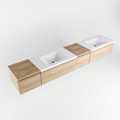 MONDIAZ BUKLA 240cm badmeubel met module 40 rechts kleur Washed Oak met 4 lades. Wastafel CLOUD dubbel 2 kraangaten kleur Talc.