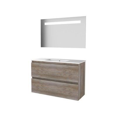 Basic-Line Economic 39 badkamermeubelset - 100x39cm - greeploos - 2 lades - porseleinen wastafel - 1 kraangat - Spiegel - geintegreerde LED verlichting - MFC Scotch Oak