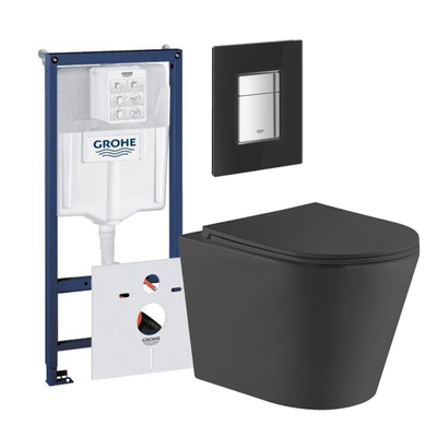 QeramiQ Dely Toiletset - Grohe inbouwreservoir - zwart glazen bedieningsplaat - toilet - zitting - mat zwart