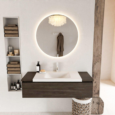 Mondiaz BUKLA Badkamermeubelset - 120x45x34cm - 1 kraangat - wasbak midden - solid surface - Talc - greeploos - 1 lade - Melamine - Dark brown