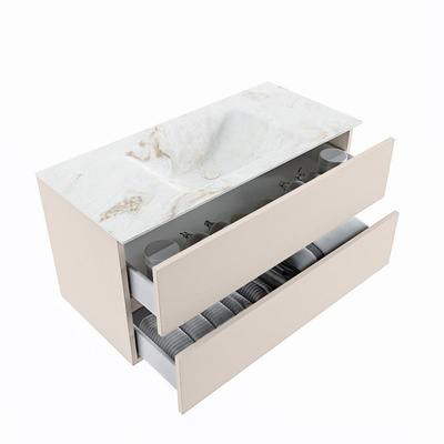 MONDIAZ VICA-DLUX Badkamermeubelset - 100cm - onderkast linen- 2 lades - inbouw wastafel cloud midden - 1 kraangat - 60cm hoge versie - frape