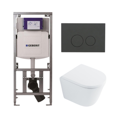 QeramiQ Dely Toiletset - 36.3x51.7cm - diepspoel - rimless - Geberit UP320 inbouwreservoir - softclose toilet zitting 35 mm - bedieningsplaat mat antraciet - ronde knoppen - wit glans