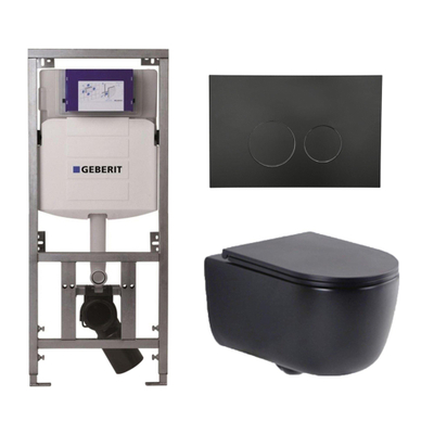 QeramiQ Dely Swirl Toiletset - 36.3x51.7cm - Geberit UP320 Burda inbouwreservoir - slim zitting - mat zwarte metalen bedieningsplaat - ronde knoppen - mat zwart