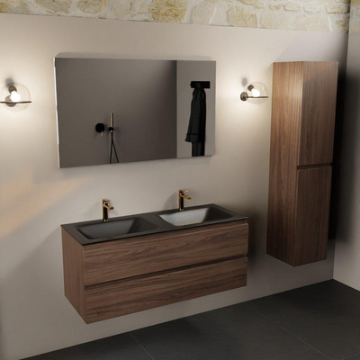 Mondiaz Aivy badmeubelset - 120x45x50cm - 2 kraangaten - 2 wasbakken urban Solid surface - Links en rechts - 2 lades - Met spiegel - Melamine Mocha