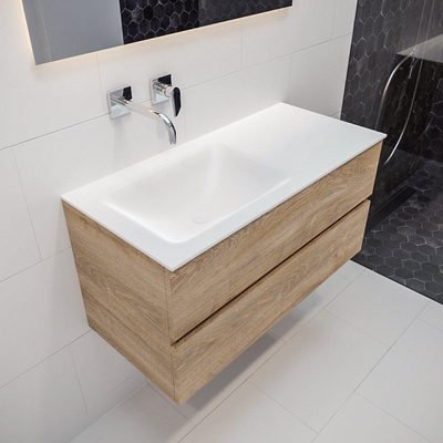 MONDIAZ VICA Badkamermeubelset - 100cm - 2 lades - wasbak Cloud links - 0 kraangaten - solid surface washed oak